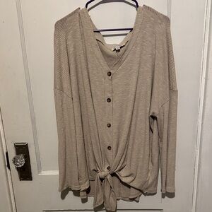 She + Sky Taupe Button-Down Knotted Shirt